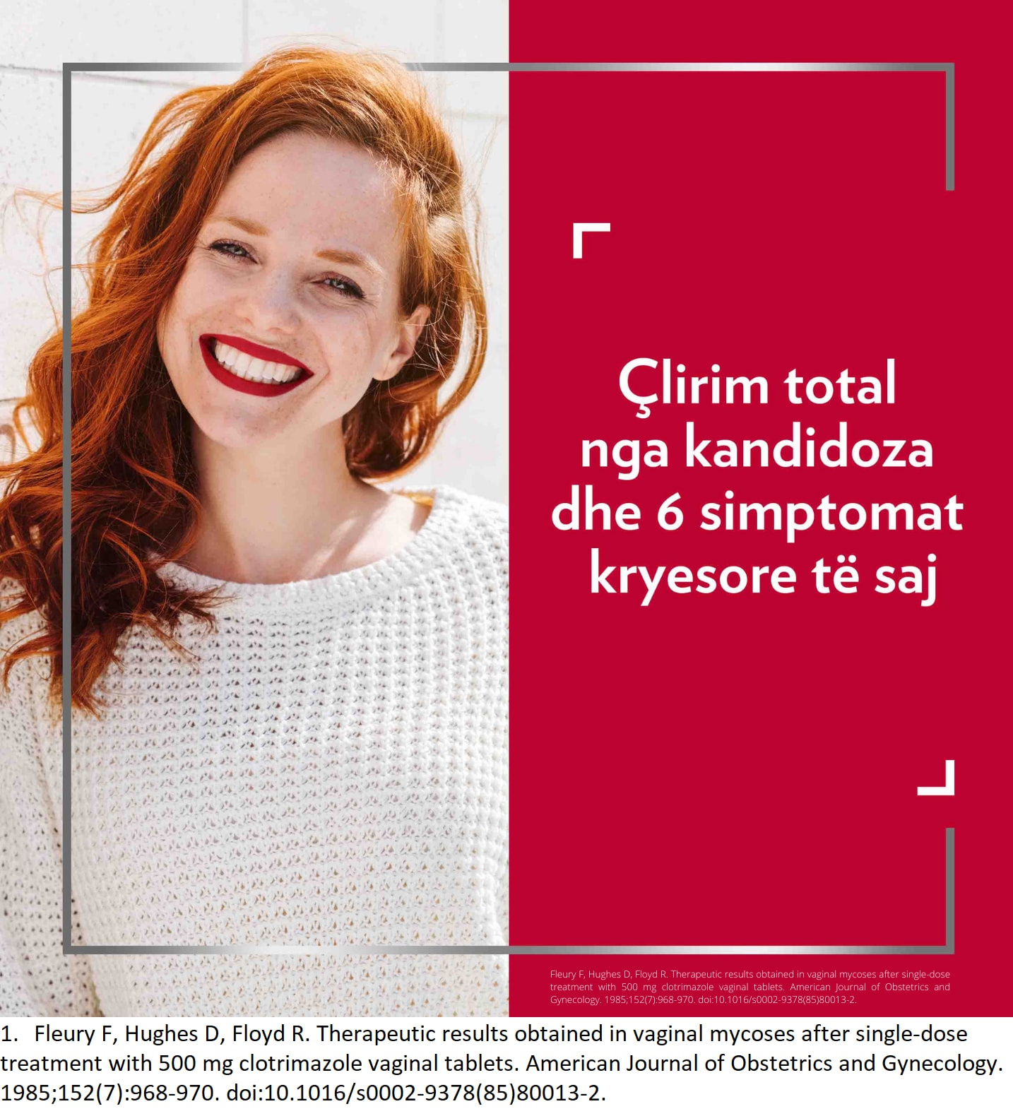Një grua flokë-kuqe që buzëqesh, me titullin në anën e djathtë të figurës: Lehtësim efektiv nga kandidoza dhe 6 simptomat kryesore të saj1