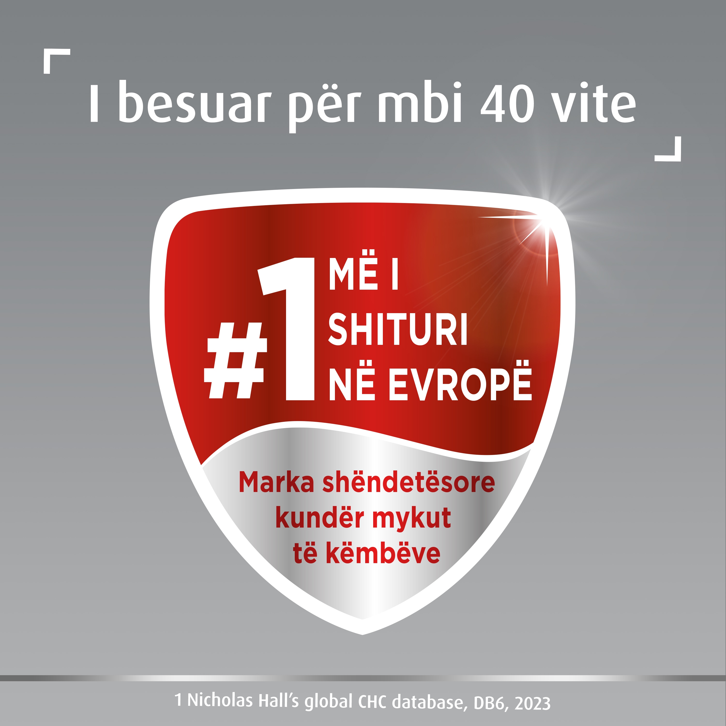 Simboli i Canesten® si trajtimi antimykotik nr. 1 më i shitur në Evropë për shëndetin e këmbëve, me titullin sipër: I besuar prej më shumë se 40 vitesh